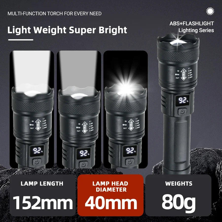 Linterna LED  2000LM, linterna táctica con luz de visualización USB