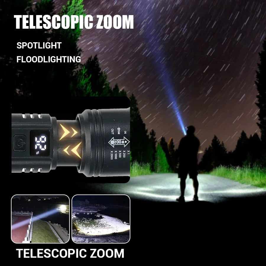 Linterna LED  2000LM, linterna táctica con luz de visualización USB