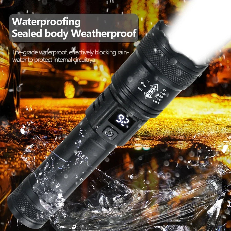 Linterna LED  2000LM, linterna táctica con luz de visualización USB