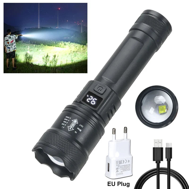 Linterna LED  2000LM, linterna táctica con luz de visualización USB