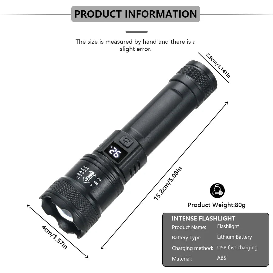 Linterna LED  2000LM, linterna táctica con luz de visualización USB