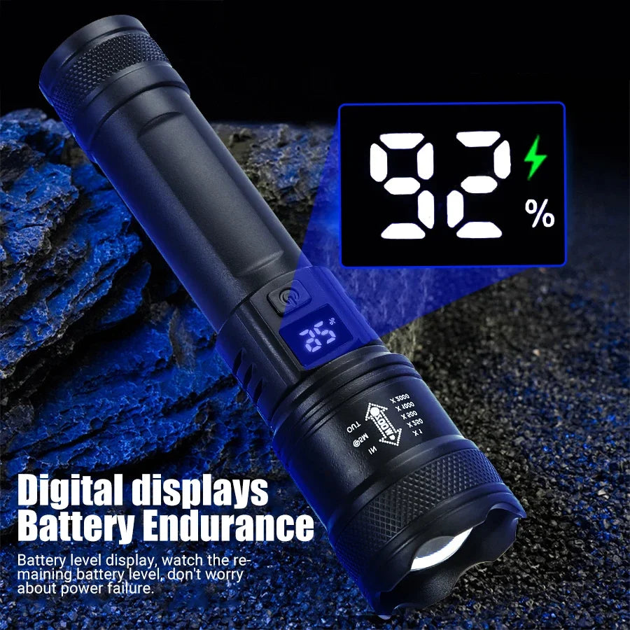 Linterna LED  2000LM, linterna táctica con luz de visualización USB