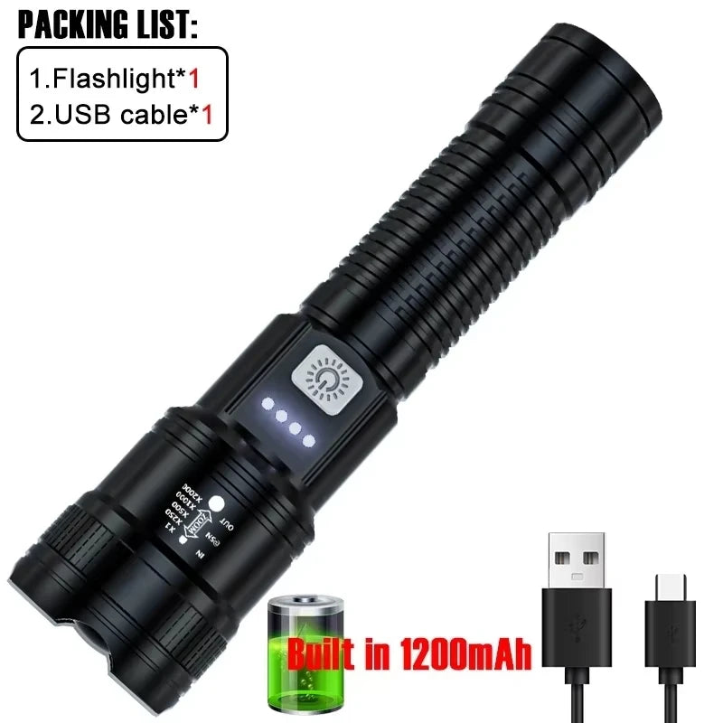 Linterna LED  2000LM, linterna táctica con luz de visualización USB